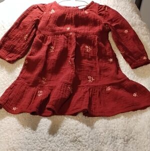 Cat & Jack Red Long-Sleeve Tiered Dress with Floral Embroidery